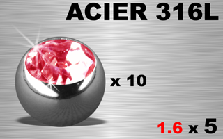 lot de 10 boules 1.6 x 5 - acier 316 - strass rouge serti