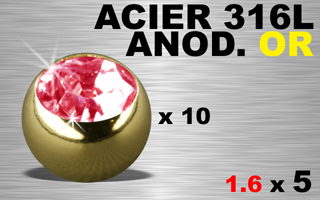 lot de 10 boules 1.6 x 5 - acier 316 - anodise or - strass rouge serti