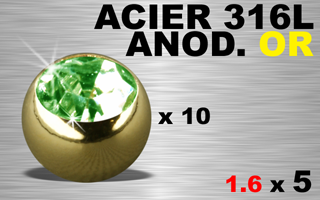 lot de 10 boules 1.6 x 5 - acier 316 - anodise or - strass vert serti
