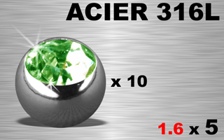 lot de 10 boules 1.6 x 5 - acier 316 - strass vert serti