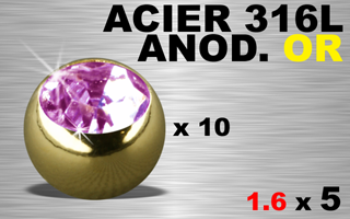 lot de 10 boules 1.6 x 5 - acier 316 - anodise or - strass rose serti
