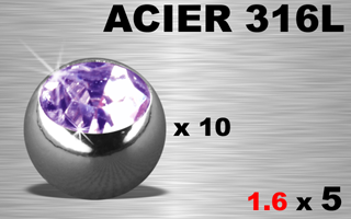 lot de 10 boules 1.6 x 5 - acier 316 - strass alethyste serti