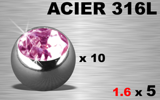 lot de 10 boules 1.6 x 5 - acier 316 - strass rose serti