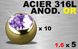 lot de 10 boules 1.6 x 5 - acier 316 - anodise or - strass amethyste serti