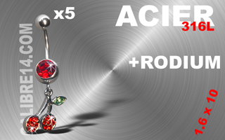 lot de 5 bananes acier 316 - 1.6 x 10 + rodium - cerise - model identique a la photo