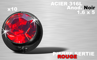 lot de 10 boules acier 316 l - anodise noir - 1.6 x 5 - pierre sertie rouge