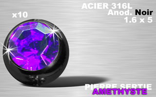 lot de 10 boules acier 316 l - anodise noir - 1.6 x 5 - pierre sertie amethyste
