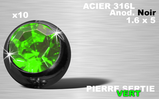 lot de 10 boules acier 316 l - anodise noir - 1.6 x 5 - pierre sertie vert
