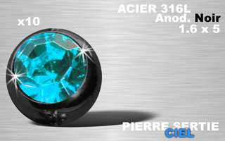 lot de 10 boules acier 316 l - anodise noir - 1.6 x 5 - pierre sertie ciel