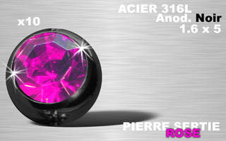 lot de 10 boules acier 316 l - anodise noir - 1.6 x 5 - pierre sertie rose