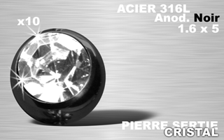 lot de 10 boules acier 316 l - anodise noir - 1.6 x 5 - pierre sertie cristal