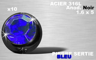 lot de 10 boules acier 316 l - anodise noir - 1.6 x 5 - pierre sertie bleu