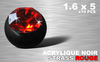 lot de 10 boules acrylique noire 1.6 x 5 - strass rouge vif