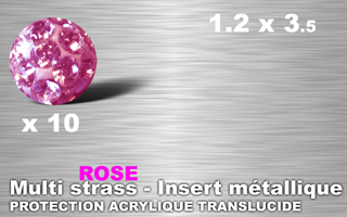 lot de 10 boules multi strass rose 1.2 x 3.5 - insert metallique - revetement acrylique translucide pour eviter la chute des strass