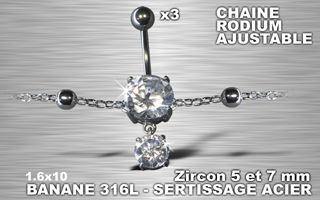 lot de 3 bananes 1.6 x 10 - acier 316l - zircon cristal serti - chaine rodium ajustable - model boules.