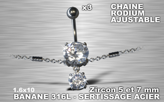 lot de 3 bananes 1.6 x 10 - acier 316l - zircon cristal serti - chaine rodium ajustable - model cube.