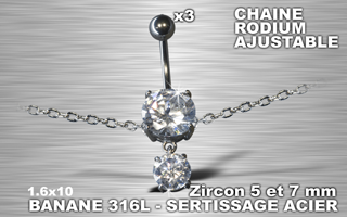 lot de 3 bananes 1.6 x 10 - acier 316l - zircon cristal serti - chaine rodium ajustable - model simple.