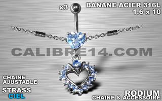 lot de 3 bananes 1.6 x 10 - acier 316l - zircon ciel serti - chaine rodium ajustable - accessoire rodium.