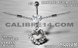 lot de 3 bananes 1.6 x 10 - acier 316l - zircon cristal serti - chaine rodium ajustable - accessoire rodium.