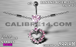 lot de 3 bananes 1.6 x 10 - acier 316l - zircon rose serti - chaine rodium ajustable - accessoire rodium.