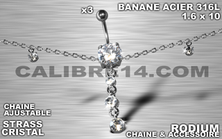 lot de 3 bananes 1.6 x 10 - acier 316l - zircon cristal serti - chaine rodium ajustable - accessoire rodium.