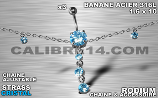 lot de 3 bananes 1.6 x 10 - acier 316l - zircon ciel serti - chaine rodium ajustable - accessoire rodium.