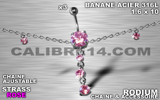 lot de 3 bananes 1.6 x 10 - acier 316l - zircon rose serti - chaine rodium ajustable - accessoire rodium.