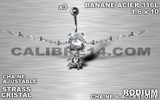lot de 3 bananes 1.6 x 10 - acier 316l - zircon cristal serti - chaine rodium ajustable - accessoire rodium.