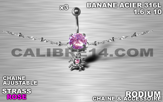 lot de 3 bananes 1.6 x 10 - acier 316l - zircon rose serti - chaine rodium ajustable - accessoire rodium.