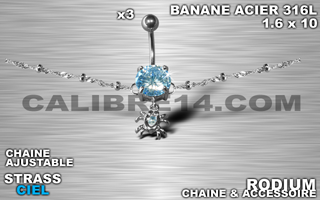 lot de 3 bananes 1.6 x 10 - acier 316l - zircon ciel serti - chaine rodium ajustable - accessoire rodium.
