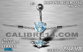 lot de 3 bananes 1.6 x 10 - acier 316l - zircon ciel serti - chaine rodium ajustable - accessoire rodium.