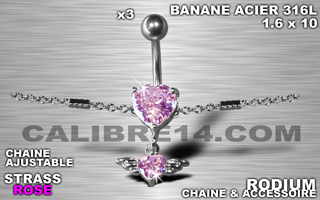 lot de 3 bananes 1.6 x 10 - acier 316l - zircon rose serti - chaine rodium ajustable - accessoire rodium.