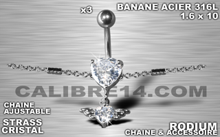 lot de 3 bananes 1.6 x 10 - acier 316l - zircon cristal serti - chaine rodium ajustable - accessoire rodium.