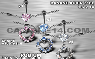 lot de 3 bananes 1.6 x 10 - acier 316l - zircon ciel - rose - cristal serti - chaine rodium ajustable - accessoire rodium.