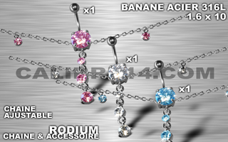 lot de 3 bananes 1.6 x 10 - acier 316l - zircon ciel - rose - cristal serti - chaine rodium ajustable - accessoire rodium.