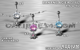 lot de 3 bananes 1.6 x 10 - acier 316l - zircon ciel - rose - cristal serti - chaine rodium ajustable - accessoire rodium.