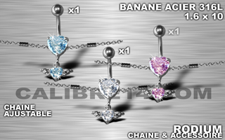 lot de 3 bananes 1.6 x 10 - acier 316l - zircon ciel - rose - cristal serti - chaine rodium ajustable - accessoire rodium.