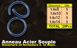 lot de 20 anneaux acier bleu souple, ouverture et fermture a la main. calibre 1.6 mm