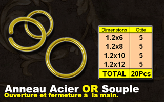 lot de 20 anneaux acier or souple, ouverture et fermture a la main. calibre 1.2 mm