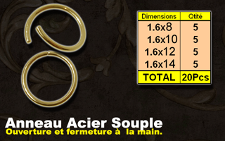 lot de 20 anneaux acier or souple, ouverture et fermture a la main. calibre 1.6 mm