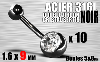 lot de 10 bananes acier 316 l noir double zircon serti cristal . boule 5&8 mm . 1.6 x 9 mm