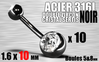 lot de 10 bananes acier 316 l noir double zircon serti cristal . boule 5&8 mm . 1.6 x 10 mm