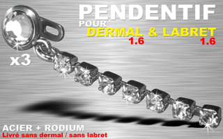 lot de 3 pendentif acier + rodium et strass cristal sertis- pour labret et dermal 1.6 - livre sans labret et sans dermal - verifiez les compatibilites