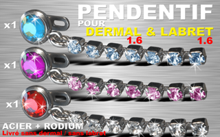 lot de 3 pendentif acier + rodium et strass rouge - rose et ciel sertis- pour labret et dermal 1.6 - livre sans labret et sans dermal - verifiez les compatibilites