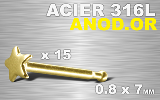 lot de 15 nose studs acier 316 l anod. or - 0.8 x 7 mm - etoile
