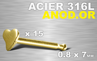 lot de 15 nose studs acier 316 l anod. or - 0.8 x 7 mm - coeur