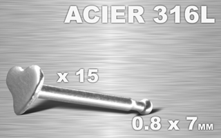 lot de 15 nose studs acier 316 l - 0.8 x 7 mm - coeur