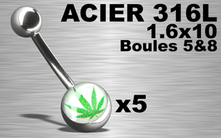 lot de 5 bananes acier 316 l - 1.6 x 10 avec logo cannabis sous protection acrylique. boules 5 & 8 mm