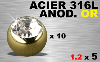 lot de 10 boules acier 1.2 x 5 acier 316l anod. or avec strass cristal serti
