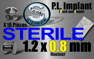 lot 10 implant p.l. 1.2 x 0.8 mm (hauteur) en titane grade 23 - mentions au dos du sachet : matiere du bijou - date de peremption - type de sterilisation - emballage individuel